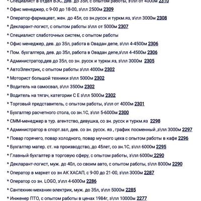 Вакансии. Iş we işgär hyzmaty